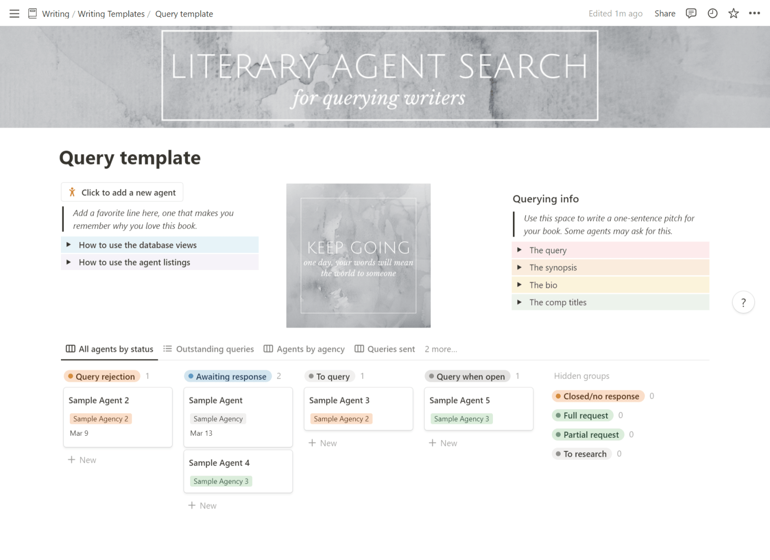 A screenshot of a Notion.com template for keeping track of literary agent submisions.